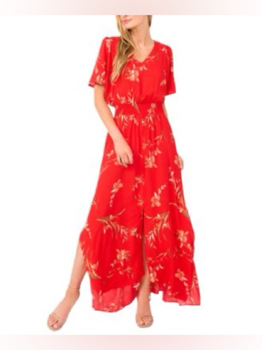CeCe V-Neck Smocked Waist Maxi Dress Red Floral Size Small